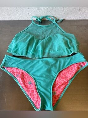 Y2K Betsey Johnson Turquoise High-Neck Ruffled Bikini Set💕